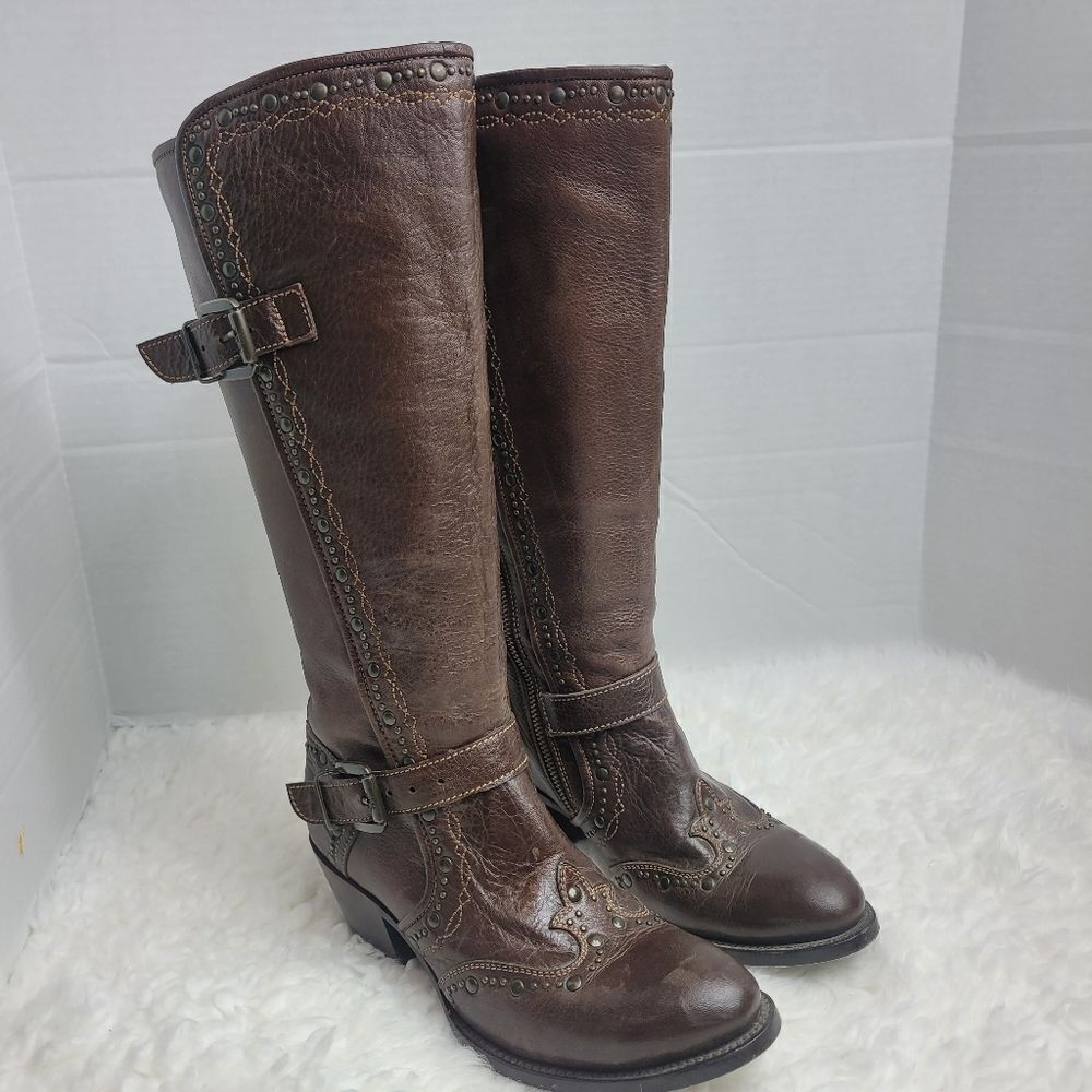 Black Star Women's Boots Size 8.5 Brown Leather Studded Zipper Western Cowboy